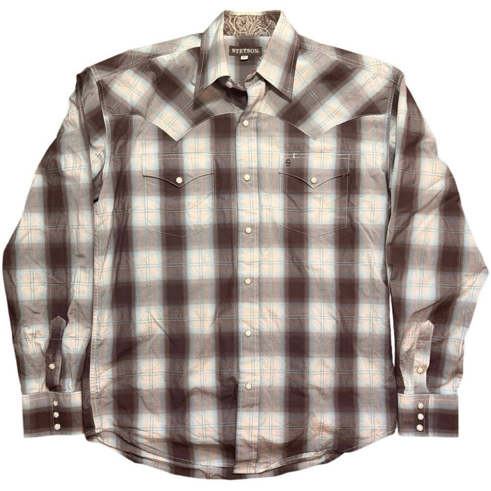 Stetson Mens Size M Long Sleeve Western Pearl Snap Shirt Plaid Brown 100% Cotton
